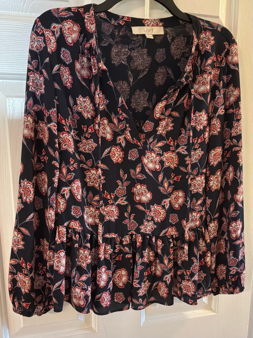 LOFT Navy Floral Peplum Blouse with Red and Cream Accents